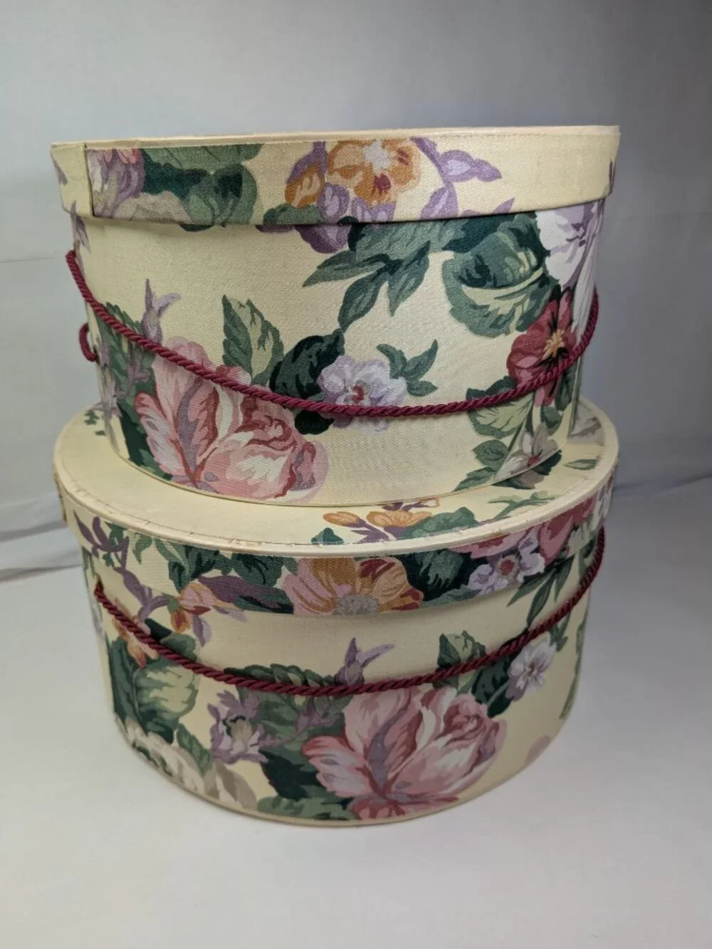 Vintage Seasons Inc Floral Fabric Round Hat Boxes Set Cream Rose Chintz Nesting